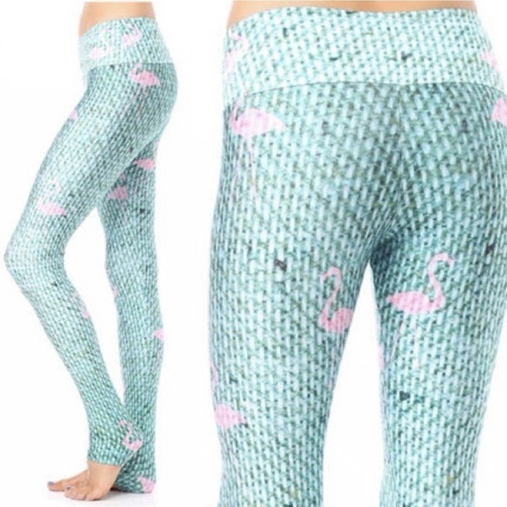 GOLDSHEEP Flamingo Tropical Print Leggings SZ Med Stretch Yoga Running Workout